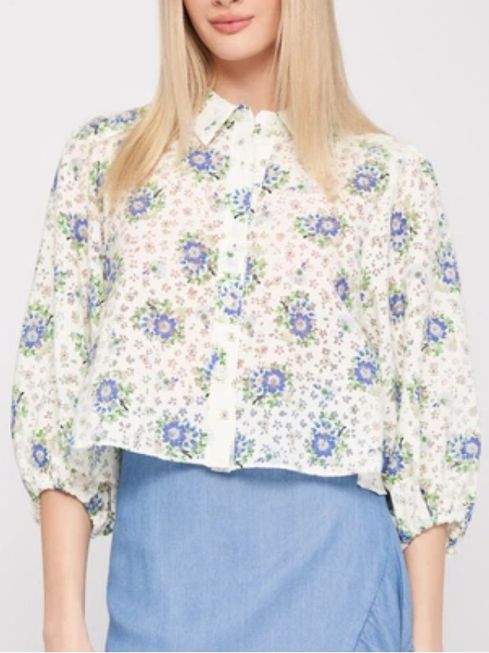 Zara Collared Button-down Balloon Sleeve Crop Blouse Burnout Floral Print size L
